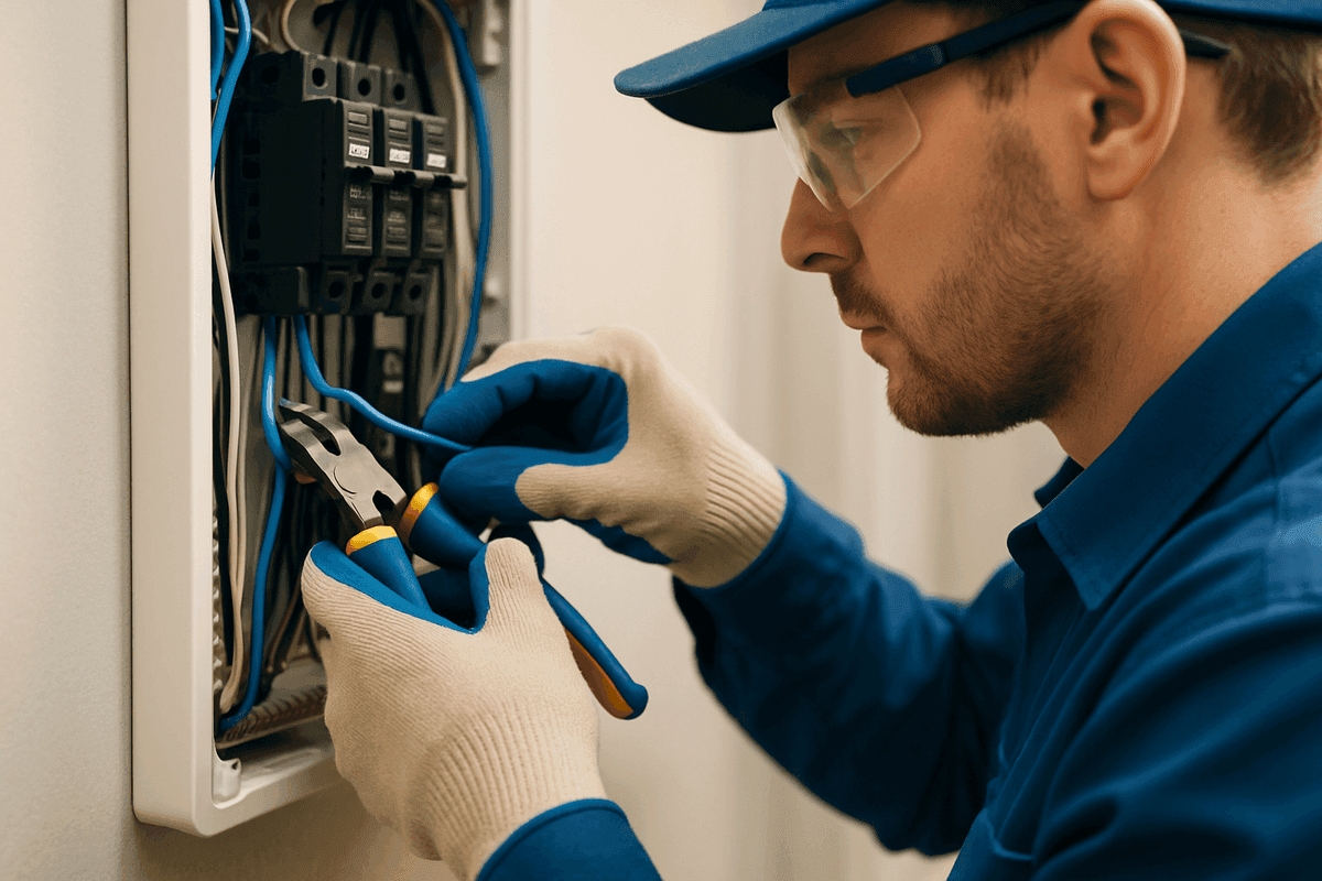 Close-up of electrician's gloved hands connecting wires inside residential electrical panel